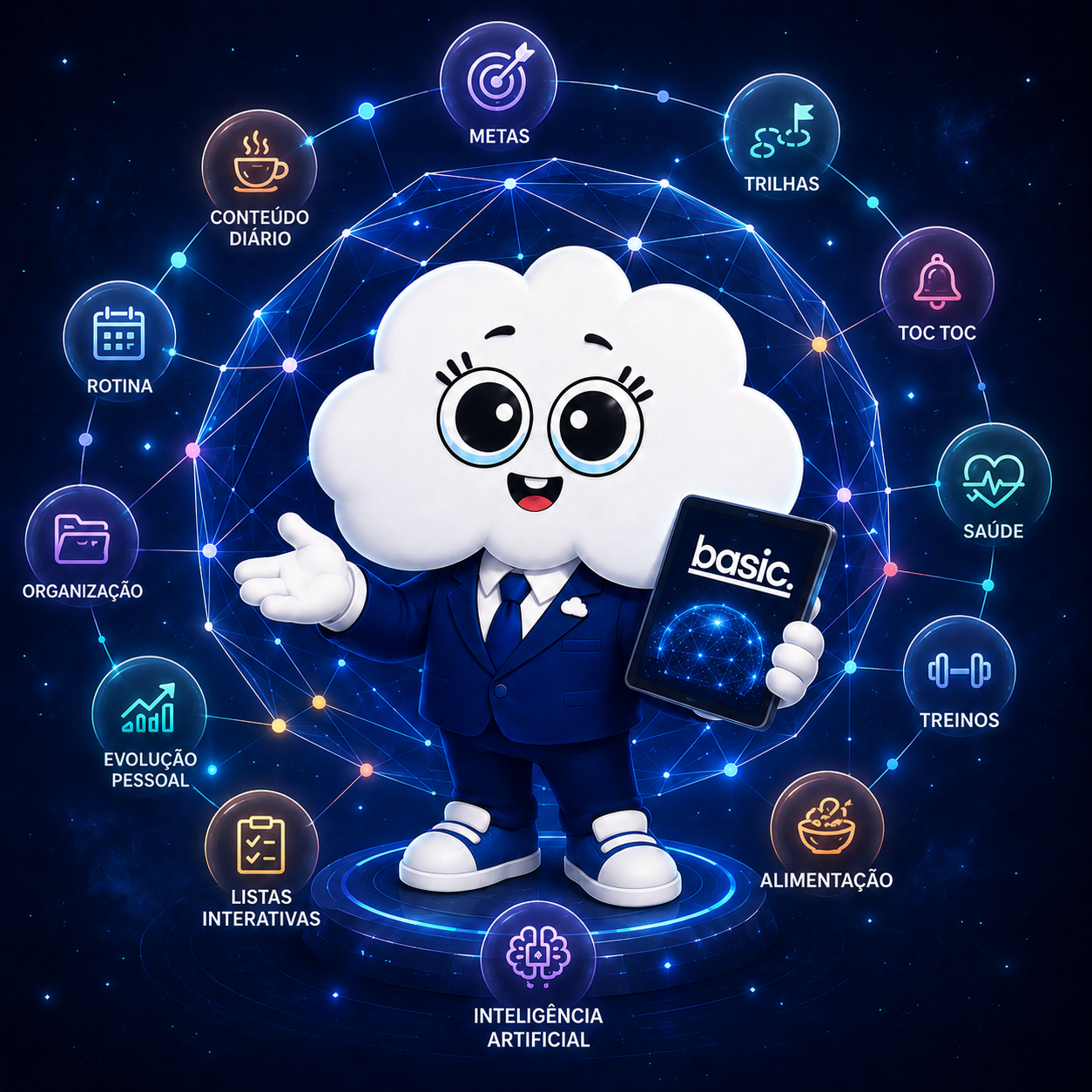Mascote do BASIC apresentando o universo de funcionalidades conectadas